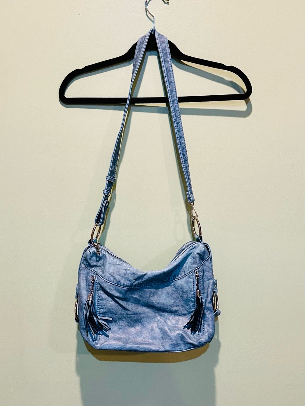Stylish Denim Blue Shoulder Bag with Tassel Details